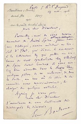 LITERATURE - BOUTROUX Emile (1845 - 1921) - Autograph letter signed