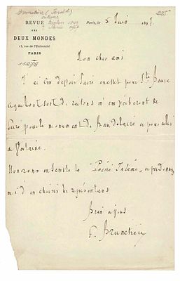 LITERATURE - BRUNETIERE Ferdinand (1849 - 1906) - Autograph letter signed