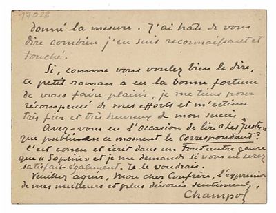 LITERATURE - CHAMPOL Marie-Anne de Beuverand (1857 - 1924) - Autograph card signed