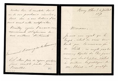 LITERATURE - DUVERGIER DE HAURANNE Emmanuel (1839 - 1914) - Autograph letter signed