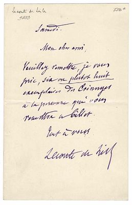 LITERATURE - LECONTE DE LISLE Charles Marie (1818 - 1894) - Autograph letter signed