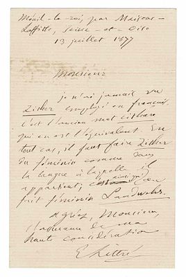 LITERATURE - LITTRE Emile (1801 - 1881) - Autograph letter signed