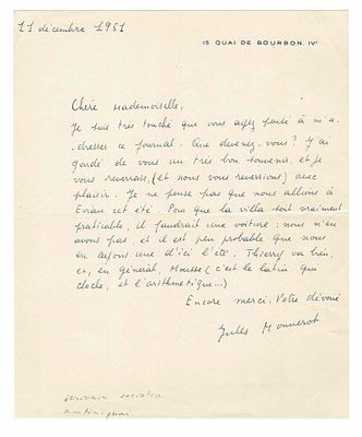 LITERATURE - MONNEROT Jules (1909 - 1995) - Autograph letter signed