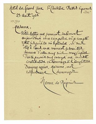 LITERATURE - REGNIER Henri de (1864 - 1936) - Autograph letter signed