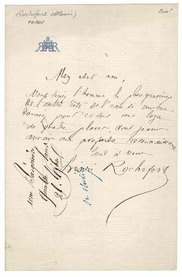 LITERATURE - ROCHEFORT Henri (1830 - 1913) - Autograph letter signed