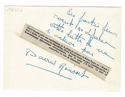 LITERATURE - ROUSSET David (1912 - 1997) - Autograph dedication signed on the back of a photograph