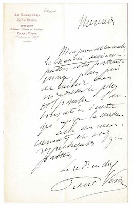 LITERATURE - VERON Pierre (1831 - 1900) - Autograph letter signed