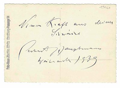 LITERATURE - HAUPTMANN Gerhart (1862 - 1946) - Card signed