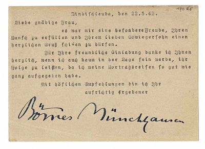 LITERATURE - MÜNCHENHAUSEN Börries (1874 - 1945) - Card signed