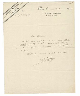 MUSIC - D'INDY Vincent Paul (1851 - 1931) - Autograph letter signed