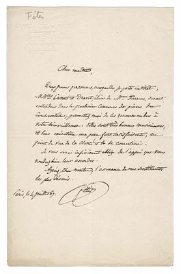 MUSIC - FETIS François Joseph (1784 - 1871) - Autograph letter signed