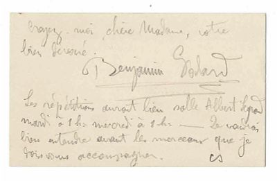 MUSIC - GODARD Benjamin (1849 - 1895) - Autograph letter signed