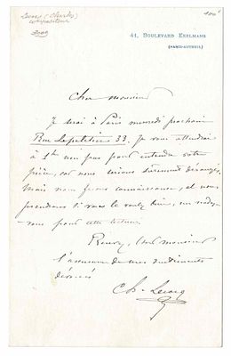 MUSIC - LECOCQ Charles (1832 - 1918) - Autograph letter signed