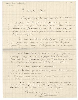 MUSIC - SAINT-SAENS Charles Camille (1835 - 1921) - Autograph letter signed