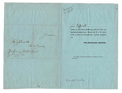 MUSIC - MENDELSSOHN Félix (1809 - 1847) - Printed invitation with autograph lines
