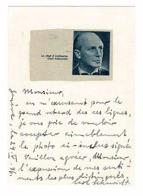 MUSIC - SCHURICHT Karl (1880 - 1967) - Autograph letter signed