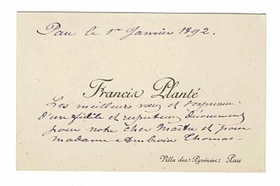 MUSIC - PLANTE Francis (1839 - 1934) - Autograph letter on visiting card