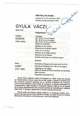 MUSIC - VACZI Gyula (1904 - 1973) - Printed concert program signed