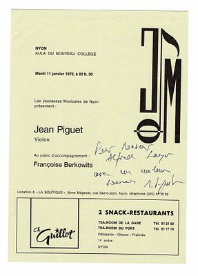 MUSIC - PIGUET Jean (1946 - ) - Printed concert program signed