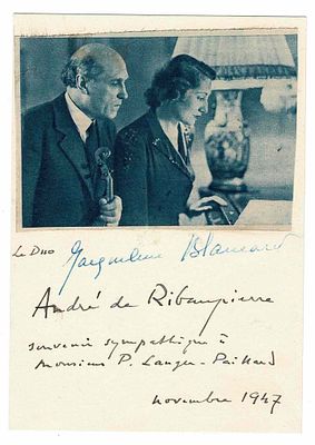 MUSIC - RIBAUPIERRE André de (1893 - 1955) - Photograph with autograph dedication signed