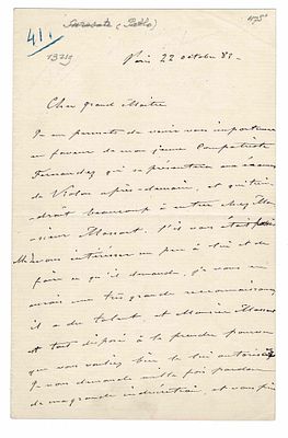 MUSIC - SARASATE Pablo (1844 - 1908) - Autograph letter signed