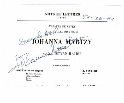 MUSIC - MARTZY Johanna (1924 - 1979) - Printed concert program signed