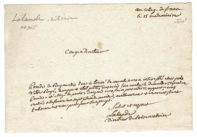 SCIENCE AND MEDICINE - LALANDE Jérôme LEFRANCOIS de (1732 - 1807) - Autograph letter signed