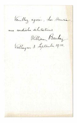SCIENCE AND MEDICINE - BARBEY William (1842 - 1914) - Autograph letter signed