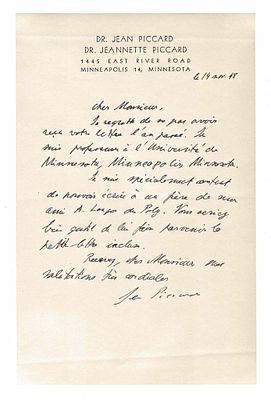 SCIENCE AND MEDICINE - PICCARD Jean (1884 - 1963) - Autograph letter signed