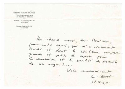 SCIENCE AND MEDICINE - BOVET Lucien (1907 - 1951) - Autograph letter signed