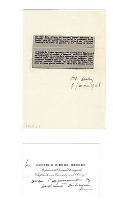 SCIENCE AND MEDICINE - DECKER Pierre (1892 - 1967) - Card with autograph signature