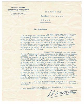 SCIENCE AND MEDICINE - FOREL Oscar (1891 - 1982) - Typed letter signed