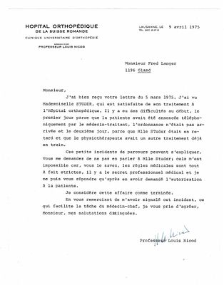 SCIENCE AND MEDICINE - NICOD Louis (1912 - 2006) - Typed letter signed