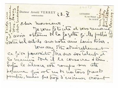 SCIENCE AND MEDICINE - VERREY Arnold (1883 - 1964) - Autograph card signed