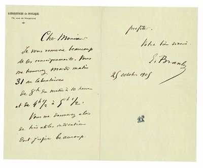 SCIENCE AND MEDICINE - BRANLY Edouard (1844 - 1940) - Autograph letter signed
