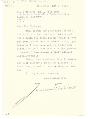 MUSIC - SIBELIUS Jean (1865 - 1957) - Typed letter signed