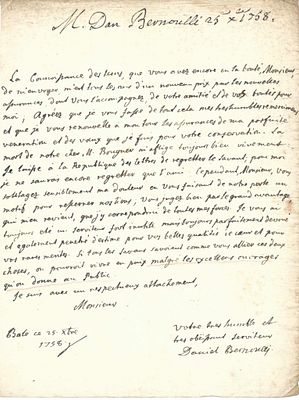 SCIENCE AND MEDICINE - BERNOULLI Daniel (1700 - 1782)  - Autograph letter signed