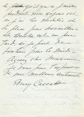 ART - CASSATT Mary (1844 - 1926) - Autograph letter signed