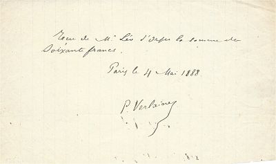 LITERATURE - VERLAINE Paul (1844 - 1896) - Autograph receipt signed