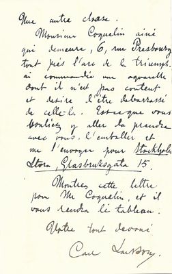 ART - LARSSON Carl (1853 - 1919) - Autograph letter signed