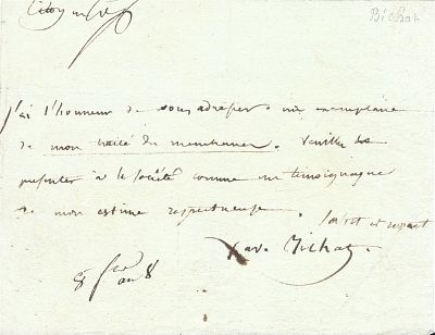 SCIENCE AND MEDICINE - BICHAT Xavier (1771 - 1802) - Autograph letter signed