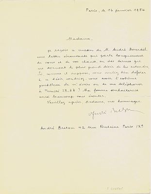 LITERATURE - BRETON André (1896 - 1966) - Autograph letter signed