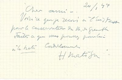 ART - MATISSE Henri (1869 - 1954) - Autograph letter signed