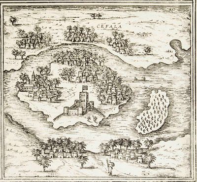 Franz Hogenberg George Braun - [Civitates Orbis Terrarum] Map of San Cefala - Etching on paper (1575)