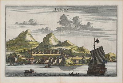 Van Der Aa Pieter - View Of Tongling - Etching on paper, hand watercolored (Early 18th Century)